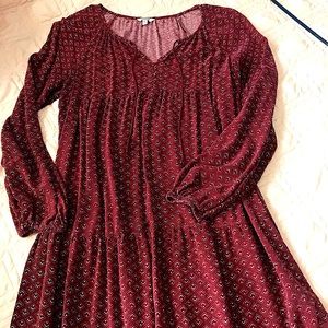 Bohemian dark red Dress. Elastic sleeves, gathered body for fullness. Size S
